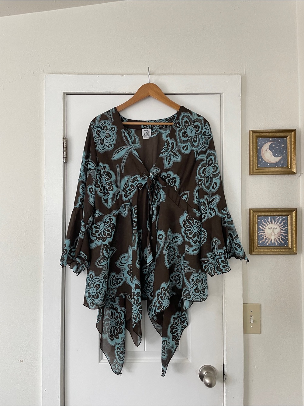 Ali & Kris Boho Tie-Front Floral Poncho Top Teal on Brown Y2K Flowy Whimsigoth